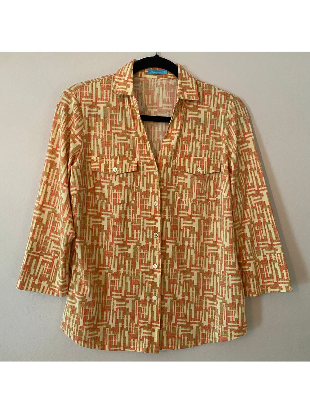 J. McLaughlin Pink Brown Button Down Shirt Catalina Cloth Stretchy size Small